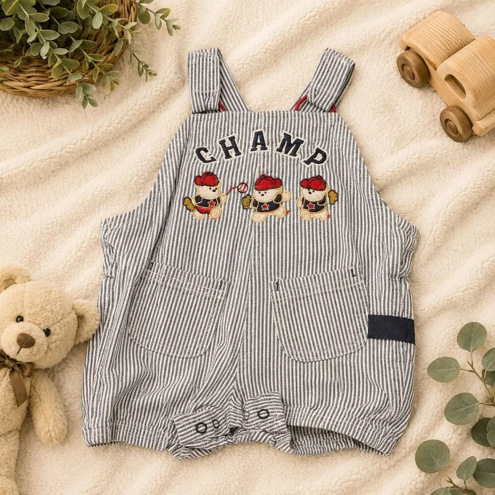 Vintage Baby Railroad Stripe Bubble Romper CHAMP Teddy Bear Embroidered Shortall